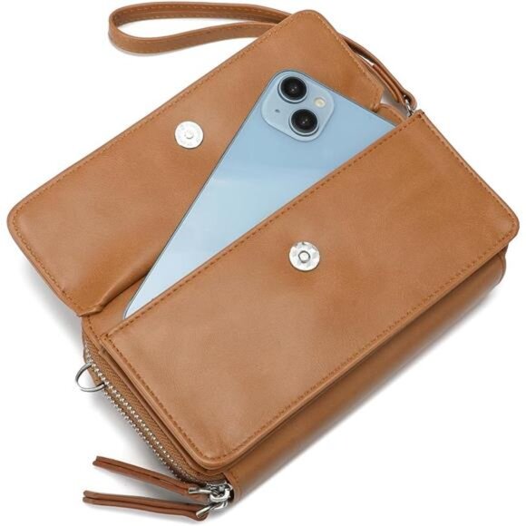 Crossbody Wallet Wristlet Purse Vegan Leather Camel - Picture 3 of 6